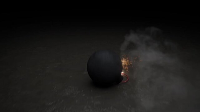 Old-fashioned cannonball bomb with burning fuse and explosion