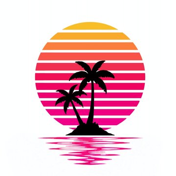 Retro synthwave sunset with palm trees silhouette vector illustration.