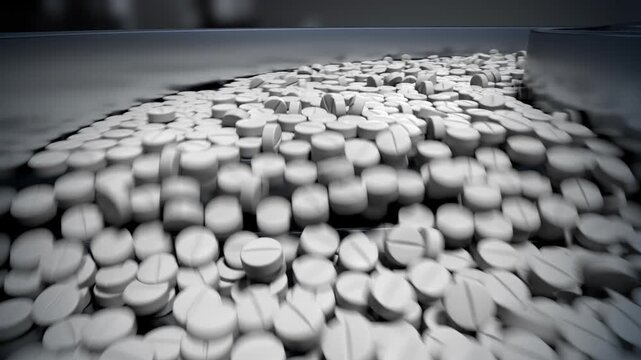 Medical Pill Manufacturing Pharma industry manufacturing, white pills on a curved sorting/inspection tray	