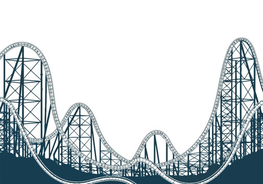 A stylized illustration of a roller coaster track with hills and crests on a white background