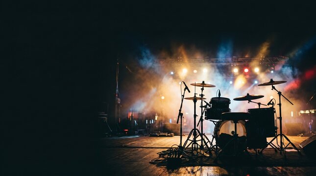Drum set on a concert stage with smoke and colorful lights