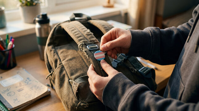Close-up of a student attaching a transgender pride pin to a backpack before the first day of school, expressing identity, belonging and self-expression