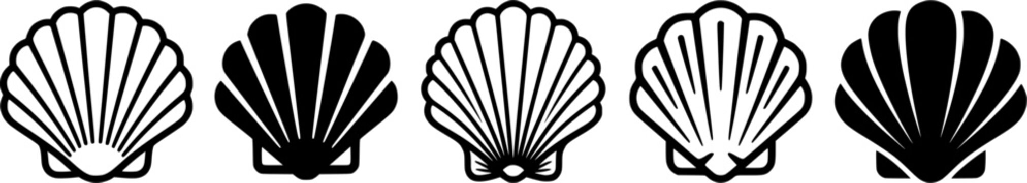 Scallop Shell Icons Collection Featuring Black and White Seashell Silhouettes for Ocean, Beach, Marine, and Coastal Designs