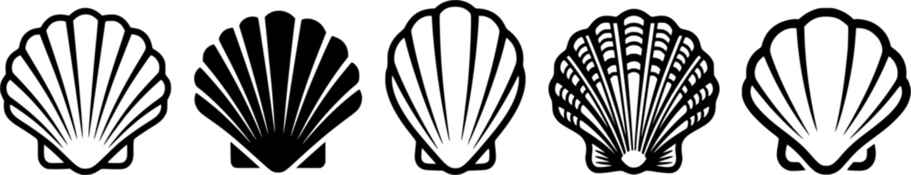 Scallop Shell Icons Collection Featuring Black and White Seashell Silhouettes for Ocean, Beach, Marine, and Coastal Designs