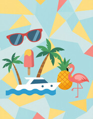 Obraz premium Summer vacation background with flamingo, ice cream and palm trees. Vector illustration