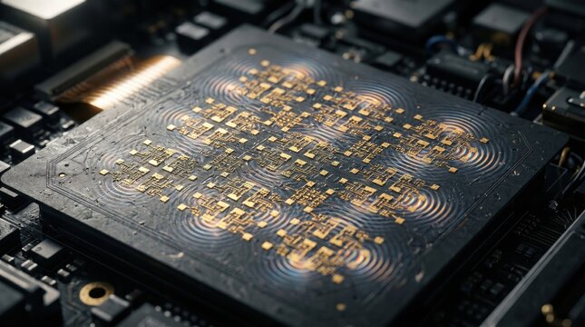 Computer processor features a square array of luminous gold nodes emitting concentric energy waves across the dark surface.