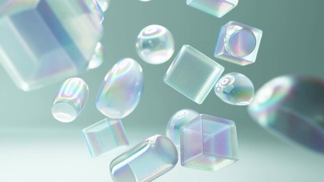 Slow motion tracking shot of floating iridescent glass shapes rotating and drifting in minimal soft studio environment