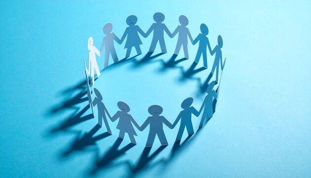 Paper Chain People Holding Hands in a Circle Unity and Teamwork Concept on blue background 