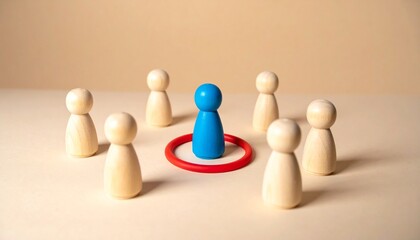 Obraz premium Blue Wooden Peg Figure inside Red Ring Surrounded by Crowd Leadership and Focus Concept