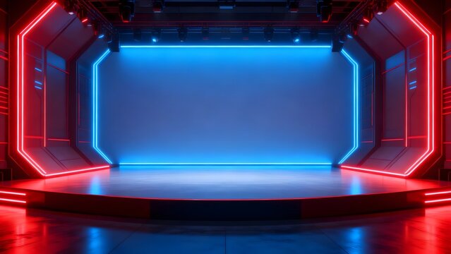 Neon lit stage with blue and red lights