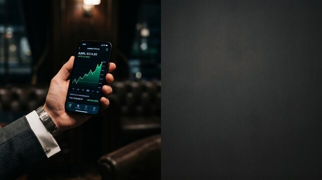 Man holding smartphone showing stock market graph with rising trend and portfolio performance