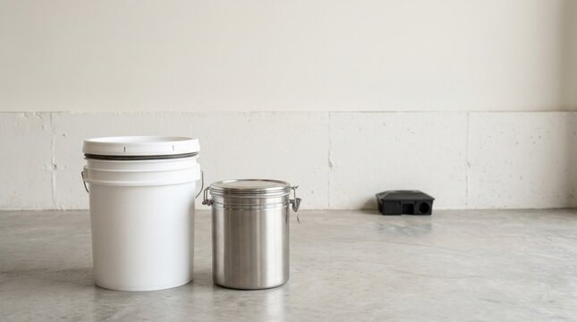 Storage containers and pest control device on concrete floor against white wall