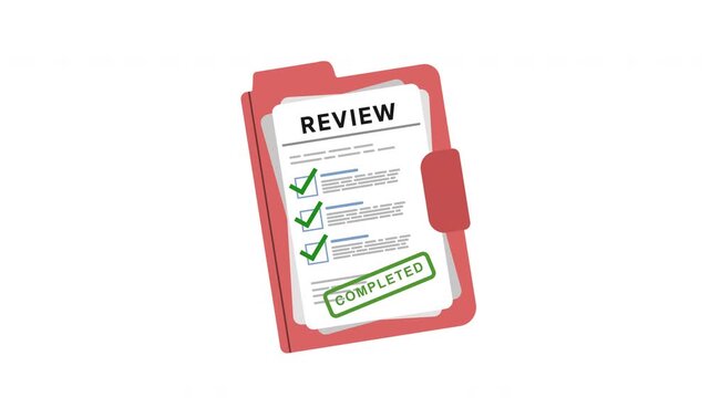 Review Completed : Animation of a Review Document Sheet with Completed Stamp Effect for Assessment Finalization, Evaluation Process and Business Workflow