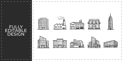 Fototapeta premium Real estate and urban architecture hand drawn doodle icons set featuring city buildings and house symbols for property management and rental agency marketing