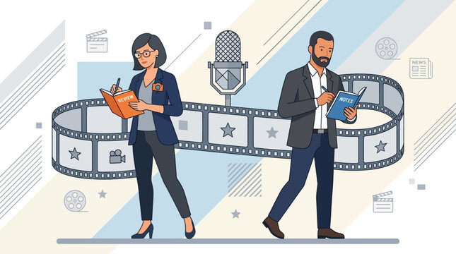 A flat design illustration featuring a film critic and a journalist, symbolizing media coverage and analysis at the festival. 