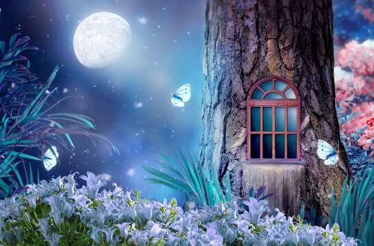 Whimsical fantasy elf or gnome house in tree with window, enchanted fairy tale forest with fabulous fairytale blooming rose and bluebell flower garden, flying butterflies and shiny moon ray in night.