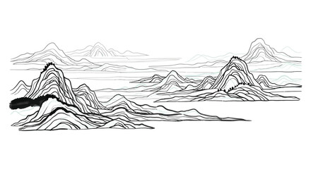 Fototapeta premium Mountain range landscape illustration with ink wash effect black and white silhouette