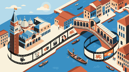 An imaginative flat design illustration of a film strip winding through iconic Venetian landmarks, symbolizing the city's narrative connection to cinema.  © Devide