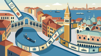 An imaginative flat design illustration of a film strip winding through iconic Venetian landmarks, symbolizing the city's narrative connection to cinema.  © Devide