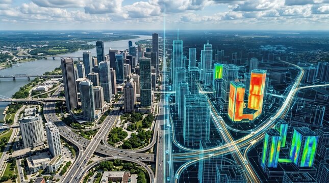 Buildings showcase thermal imaging analytics to visualize energy consumption patterns across a busy metropolitan district.