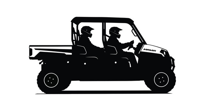 Side by side utility vehicle with two drivers black silhouette atv transportation