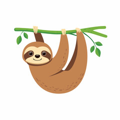 Obraz premium Cute cartoon sloth hanging from a tree branch