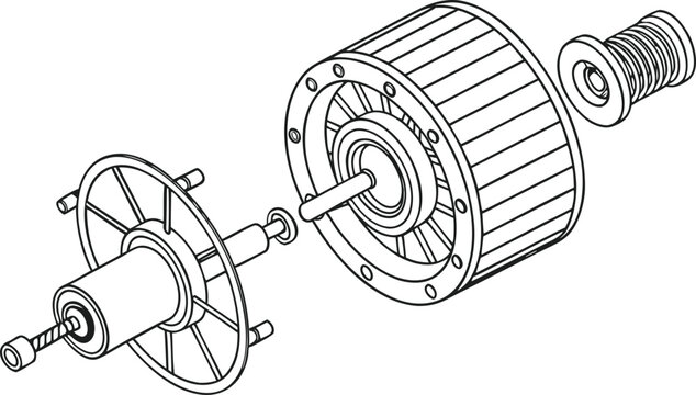 Exploded view isometric of an electric motor component assembly