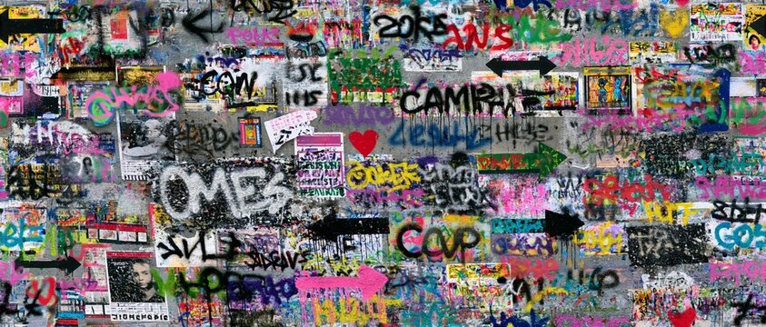 Chaotic graffiti wall background with layered street art, colorful tags, paint splatters, torn posters, stencil elements, and expressive urban textures in a mixed media collage.