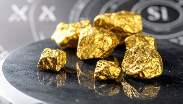 Rough Textured Natural Gold Nuggets Scattered on a Dark Polished Obsidian Surface
