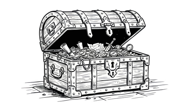 Open Treasure Chest Filled with Gold Coins, Jewels, and Ancient Artifacts