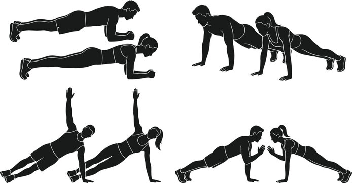 Fitness plank and push up workout silhouette vector set featuring men and women doing core calisthenics exercises together