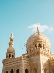 Obraz premium Daylight aesthetic mosque dome and minaret in urban architecture