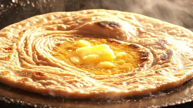 Melting butter cube on hot crispy paratha bread cooking in a traditional Indian flat pan