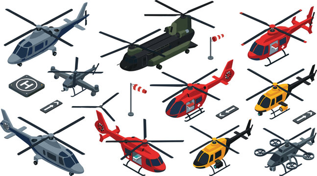 Isometric helicopter vector set featuring military transport choppers rescue aircraft medical copters drones and helipad runway elements