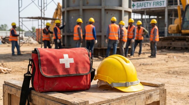 Emergency kit and hard hat at construction site safety protocols in action