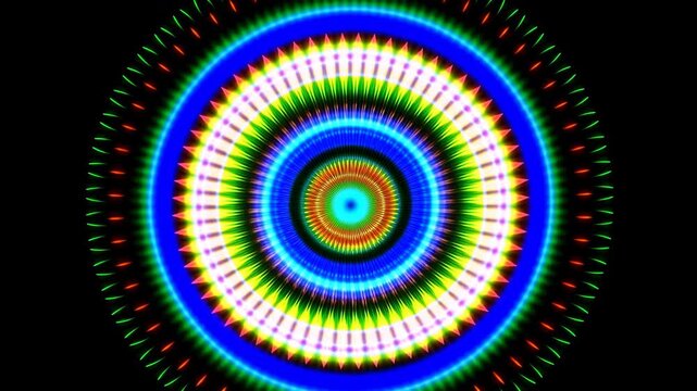 Colorful concentric radial starburst with serrated rings on black background