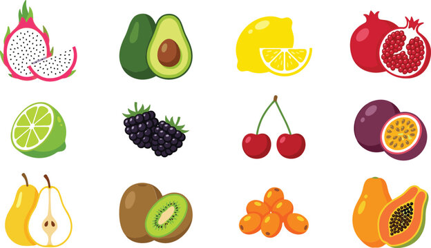 Organic tropical and exotic fruits vector icon set featuring dragon fruit avocado lemon pomegranate lime blackberry cherry passionfruit pear kiwi sea buckthorn papaya