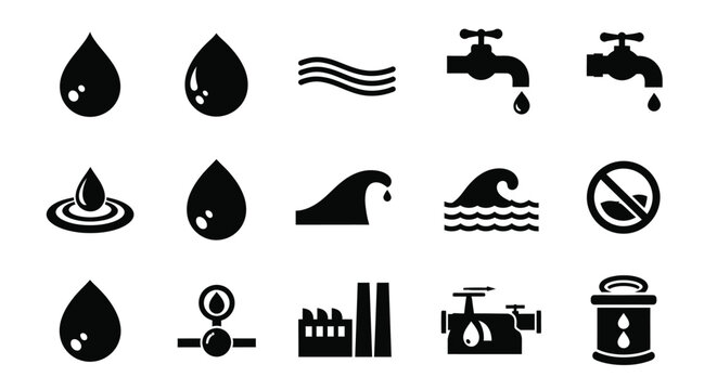 Water Drop And Faucet Icons In Black Silhouette drops liquid fluid taps