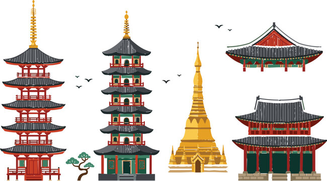 Traditional Asian pagoda and temple building vector architecture set featuring Japanese shrines Chinese pavilions and golden Myanmar stupa elements