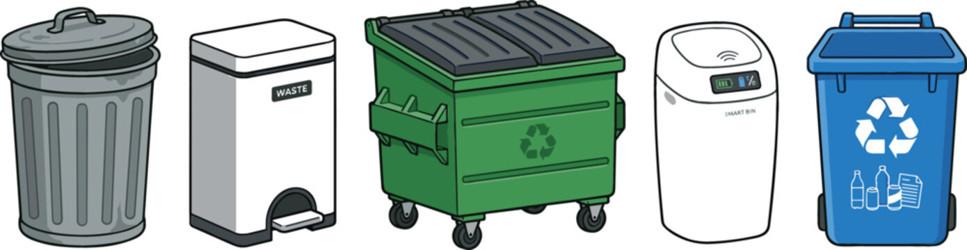 Waste management trash bin and recycling container vector set featuring street dumpster wheelie bin and smart garbage can