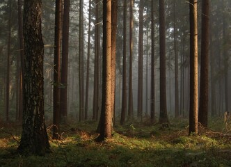 Fototapeta premium An old, dark deciduous hornbeam forest, with rays of sunlight shining through the branches.