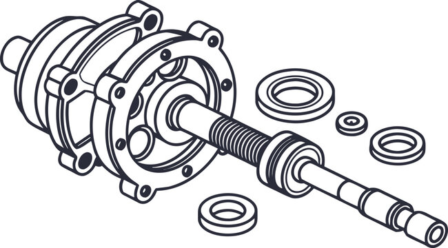 Exploded view of a hydraulic pump with shaft, bearings, and seals