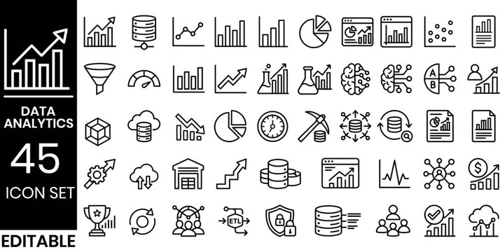Data analytics icon set 45 editable line style graphics