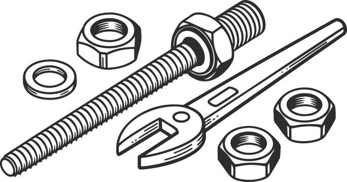 Isometric line of threaded rod, hex nuts, washers, and wrench