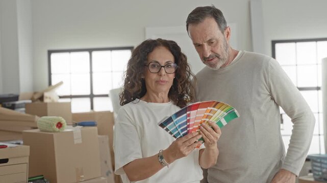 Woman holding paint swatches and smiling while choosing colors among moving boxes in a building; renovation joy together.