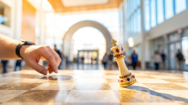 Person moving king chess piece on large board in bright environment  