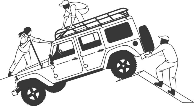 People pushing and securing an off-road 4x4 vehicle on a steep incline