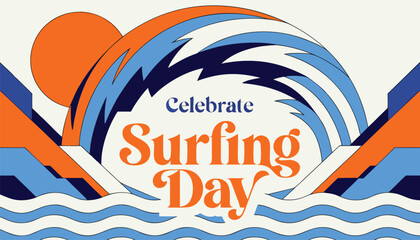 Fototapeta premium Colorful retro style graphic design celebrating the international surfing day event