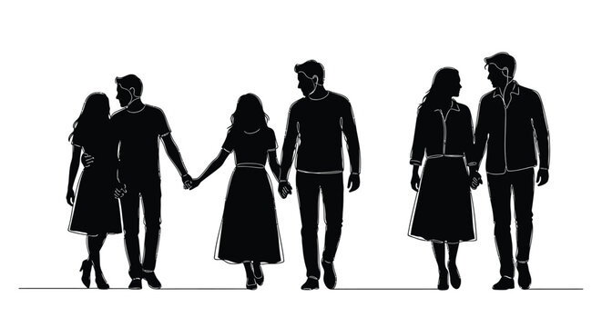 Couples Walking Together In Silhouette Style Black Outline On White Background Silhouette