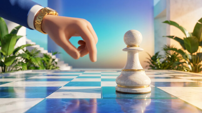 Hand moving white chess pawn on blue checkered board outdoors